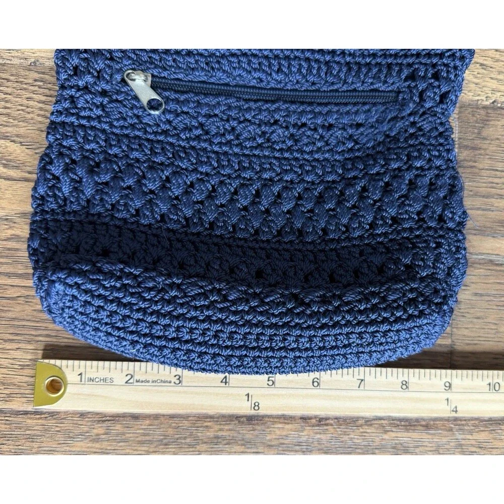Lina Navy Blue Crochet Shoulder Bag Macrame Knit Zip Top Y2K Boho Purse